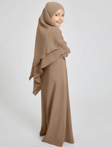 ODIZLI Kids Girls Ramadan Abaya Muslim Long Sleeve Hijab Chiffon Dress Dubai Kaftan with Pockets - color: Khaki, size: 3-4 Years
