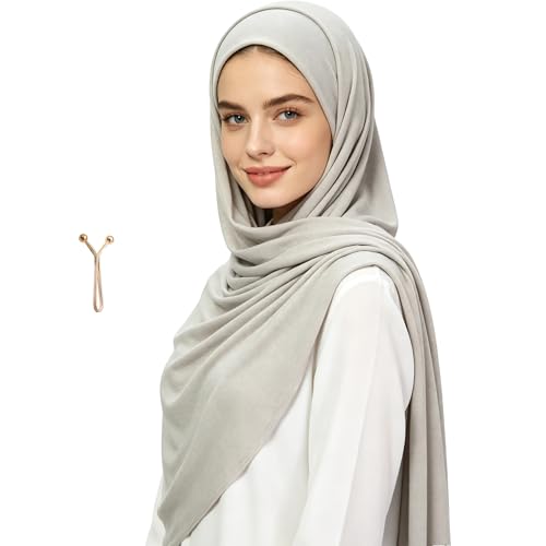 Hijab Scarf for Women, Muslim Soft Grey Cotton Jersey Stretchy Long Head Wrap Shawl Islamic Scarf (Light Grey)
