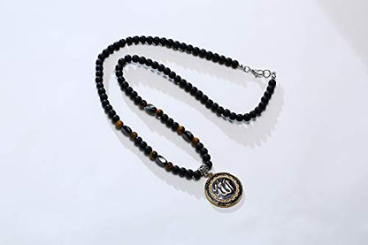 MEALGUET Allah Medallion Necklace, Stainless Steel Islamic Jewelry,Arabic Jewelry,Allah Name of God Round Pendant Necklace for Women and Men with Agate Beaded Chain, Muslim Gift Jewelry, Gift - style: Gold Plated-gemstone necklace