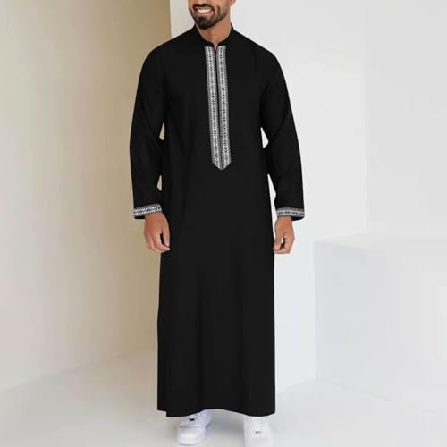 Mens Kaftan Thobe Side Split Long Sleeve Zipped Caftan Cotton Linen Hoodie Muslim Gown Casual Arabic Robe Kurta Tops - color: 08black, size: Medium