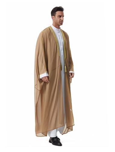 OBEEII Men Muslim Thobe Open Front Chiffon Ramadan Abaya Cardigan Dubai Saudi Embroidery Eid Islamic Clothes Prayer Kaftan - color: Coffee, size: X-Large