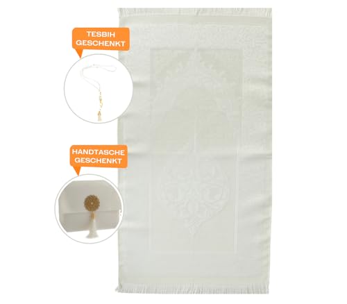 Prien Muslim Prayer Rug with Tasbih and Portable Bag, Muslim Gift for Women Men, Mubarak Islamic Box, Soft Mat Islam Gifts Set, Turkish Sajadah for Ramadan, Eid, Hajj, Travel, Pray (Cream) - color: Cream