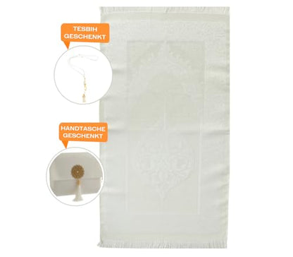 Prien Muslim Prayer Rug with Tasbih and Portable Bag, Muslim Gift for Women Men, Mubarak Islamic Box, Soft Mat Islam Gifts Set, Turkish Sajadah for Ramadan, Eid, Hajj, Travel, Pray (Cream) - color: Cream