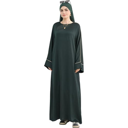 Muslim Praying Dress for Women Silk Glossy Back Zipper Robe Wear Gold Trim Modest Abaya Dress with Hijab - color: Army Green, size: Small