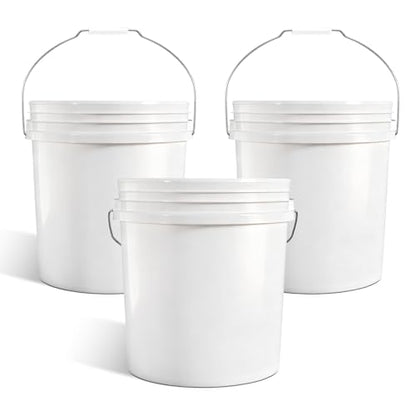2.5 Gallon Bucket for Cleaning, Small Extra Thick Plastic Bucket with Metal Handle, Food Grade, BPA Free (White, 3 Pack, No Lid)