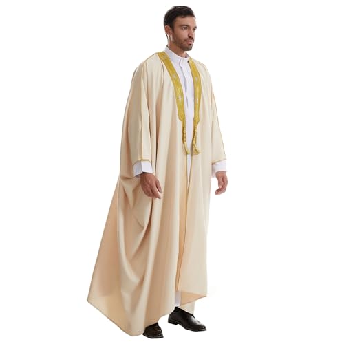 Muslim Men Thobe Thick Golden Tassel Muslim Prayer Cardigan Eid Open Abaya - color: Beige, size: Medium