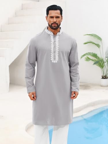 Runcati Mens Kaftan Thobe Cotton Henley Shirt Long Sleeve Embroidery Robe Casual Kurta Muslim Gown Shirt - color: Grey, size: Large