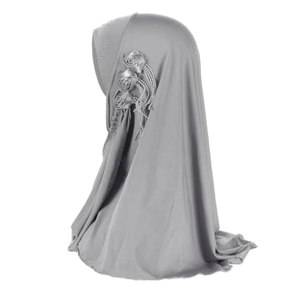Women Soft One Piece Hijab Long Muslim Turban Islamic Full Head Scarf - color: 3 Flowers/Grey