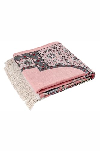 Pink Mihrab Lale Pattern Embossed Prayer Rug 25.6 x 43.3 in | Special Weave Jacquard Cotton | Classic Ottoman Art Inspired | refined Islamic Worship Mat for Women and | Comfortable Prayer Experience -
