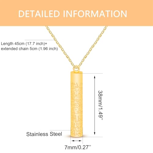 Islamic Necklace | Quran Verse Necklaces | Stainless Steel Cylinder Pendant 17"+2" Extended | Elegant Arabic Jewelry for Men And Women YA5082 - color: gold