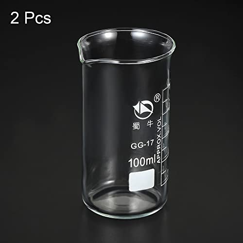 PATIKIL 100ml Tall Form Glass Beaker, 2 Pack 3.3 Borosilicate Glass Graduated Printed Scale Measuring Cups with Spout for Kitchen Lab Liquids Transit Boiling - size: 100ml