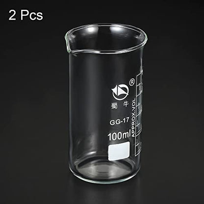 PATIKIL 100ml Tall Form Glass Beaker, 2 Pack 3.3 Borosilicate Glass Graduated Printed Scale Measuring Cups with Spout for Kitchen Lab Liquids Transit Boiling - size: 100ml