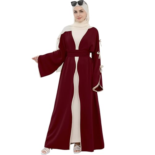 Abaya Dress for Women Muslim Bowknot Sleeves Islamic Prayer Casual Clothes Smooth Flowing Cardigan Dress - color: Wine Red, size: Medium, style: Cardigan Dress