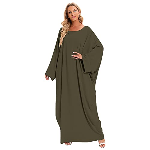 Muslim Dress for Women Pakistani Kaftan Abaya Robe + Hijab Arabic Islamic Prayer Clothes Dubai Outfits - color: Army Green Set