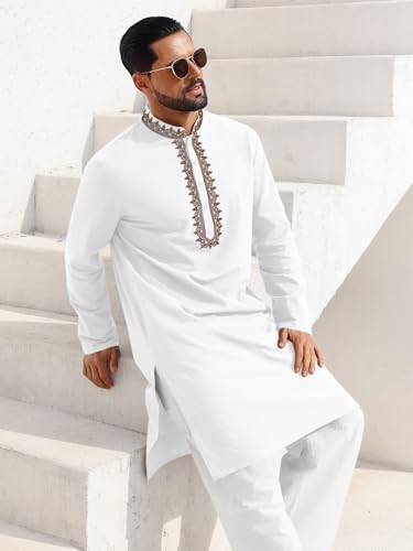 Runcati Mens Kaftan Thobe Cotton Henley Shirt Long Sleeve Embroidery Robe Casual Kurta Muslim Gown Shirt - color: White, size: Large