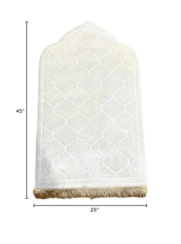 Soft Thick Prayer Rug Mat - Anti-Slip Bottom, Tassel Design, Plush Comfort, Hot Melt Embossing Durable Beautiful Allah Muslim Durable Ramzan Eid Hajj (White, 45x26) - color: White