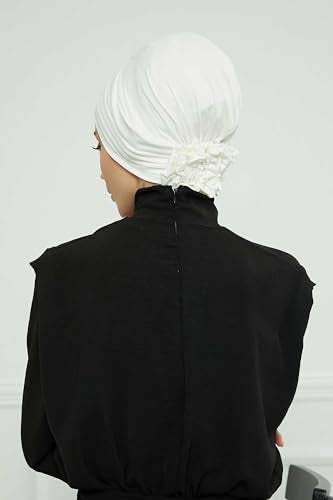 Aisha's Design Instant Turban Head Wraps for Women, Combed Cotton Scarf Lightweight Pre tied Hijab with Back Rose Detail - color: Ivory