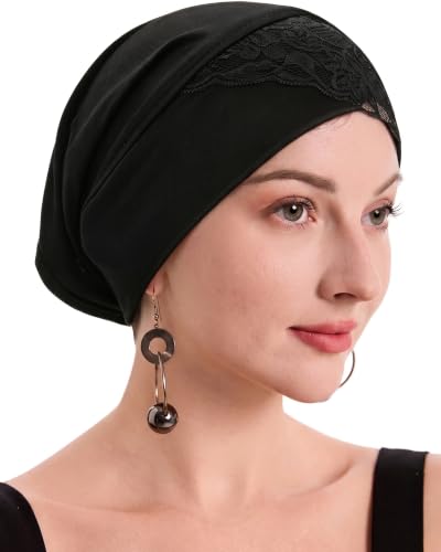 ZLYC Hijab Cap for Muslim Women Soft Stretchy Open-Back Inner Undercap - color: Lace Black