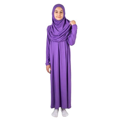 ihvan online Muslim Dress for Girls, Long Sleeve One-Piece Islamic Prayer Dress, Hijab for Kids, Girls Abaya, Islamic Gifts - color: Dark Purple