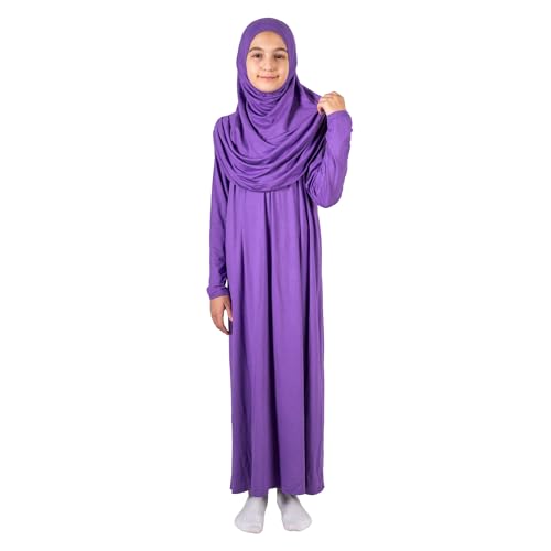 ihvan online Muslim Dress for Girls, Long Sleeve One-Piece Islamic Prayer Dress, Hijab for Kids, Girls Abaya, Islamic Gifts - color: Dark Purple