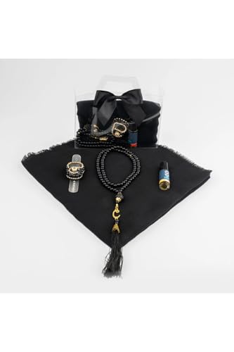 SODEF Black Scarf Essence and Pearl Prayer Beads Zikirmatik Gift Set - Special Boxed refined Modest Accessory - Multicolor, 55x26 inch