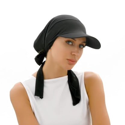 Women Muslim Headscarf Hat Pre Tied Hair Loss Turban Solid Color Chemo Baseball Cap Slouchy Bonnet Head Cover - color: Black-