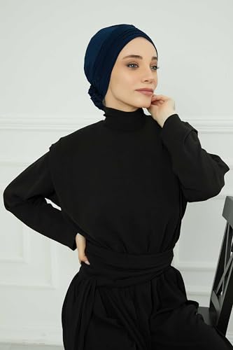 Aisha's Design Instant Turban Head Wraps for Women, Combed Cotton Scarf Lightweight Pre tied Hijab with Back Rose Detail - color: Navy Blue