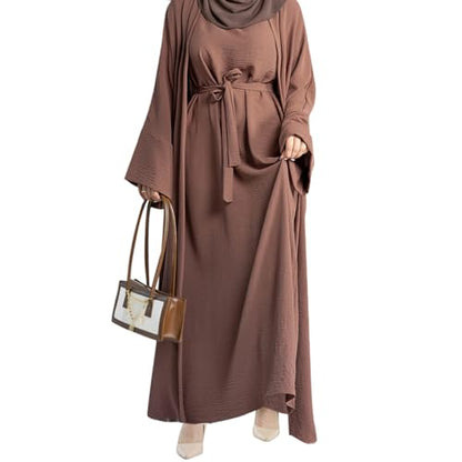 2PCS Women's Muslim Dresses Abaya Islamic Dubai Prayer Dress Robe Long Cardigan Maxi Dress - color: Coffee, size: Large