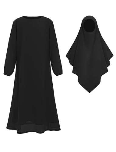 ODIZLI Kids Girls Ramadan Abaya Muslim Long Sleeve Hijab Chiffon Dress Dubai Kaftan with Pockets - color: Black, size: 9-10 Years
