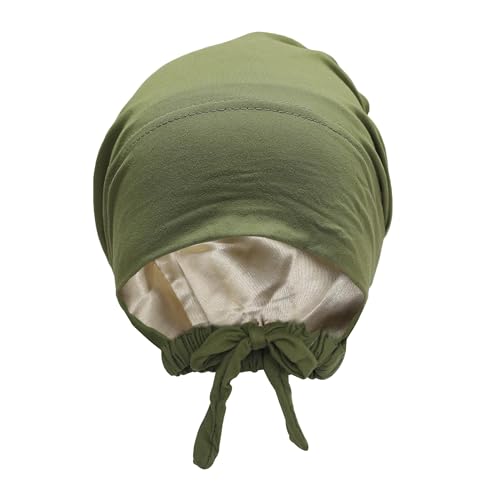ZLYC Satin Lined Hijab Cap for Women Tie Back Undercap Underscarf Hat - color: Solid Olive Green