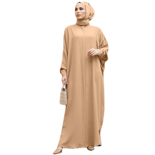 AWIBMK Women Abayas Dubai Kaftan Henley Shirt Prayer Maxi Dress Muslim Batwing Sleeve Ramadan Islamic Clothes - color: Khaki