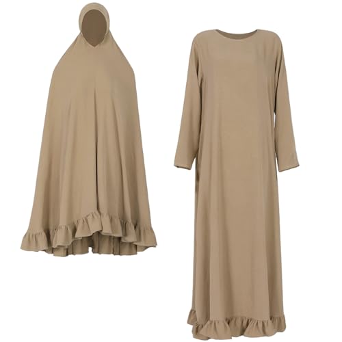 2PCS Abayas for Women Muslim Dress Ruffled Hem Modest Prayer Robe Full Coverage Modest Jilbab Set - color: Khaki, size: Large
