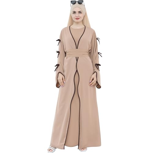 Abaya Dress for Women Muslim Bowknot Sleeves Islamic Prayer Casual Clothes Smooth Flowing Cardigan Dress - color: Khaki, size: Small, style: Cardigan Dress Set