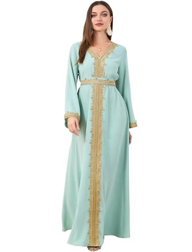 FYMNSI Women Muslim Abaya Dress Islamic Dubai Modest Lace Belted Dress Abayas Kaftan Eid Prayer Clothes Arabian Maxi Robe - color: Green, size: Medium