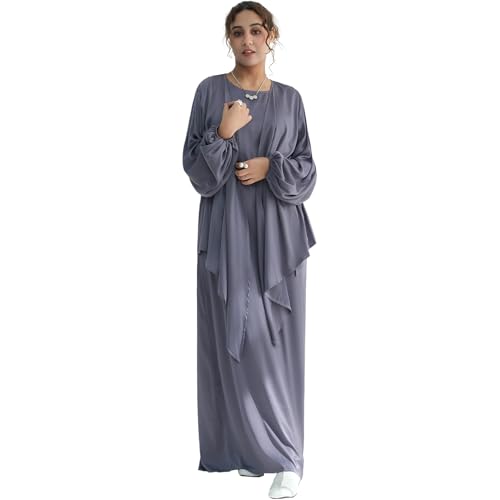 2PCS Muslim Abaya Dress for Women Smooth Satin Prayer Cardigan with Belt - color: Purple, size: X-Large-XX-Large