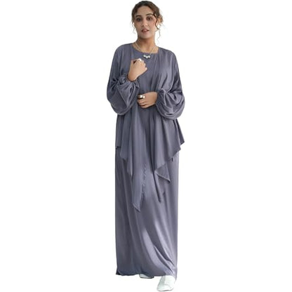 2PCS Muslim Abaya Dress for Women Smooth Satin Prayer Cardigan with Belt - color: Purple, size: X-Large-XX-Large