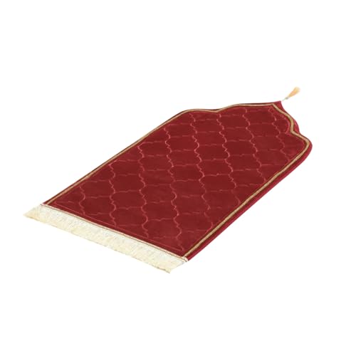 Muslim Prayer Rug Gold Rimmed Soft Thick Flannel Prayer Carpet Mat 25.5x45 Inch One of Three Random Patterns, Burgundy