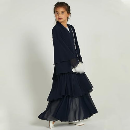 Chiffon layered Open Abaya Dubai Kaftan Muslim Cardigan Abayas Dresses For Girls Casual Robe Kimono Islam Clothing - color: Black, size: 3-4 Years
