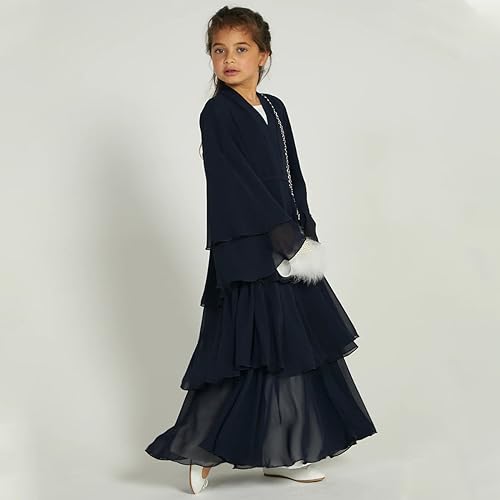 Chiffon layered Open Abaya Dubai Kaftan Muslim Cardigan Abayas Dresses For Girls Casual Robe Kimono Islam Clothing - color: Black, size: 9-10 Years