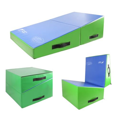 Kangaroo Hoppers Gymnastics Cheese Wedge Mat for Kids Ages 1-12 | 3 Sizes Folding Incline Mat with High-Density EPE Foam and Removable PVC Leather Cover, Home Gym Training Equipment - color: Green/Blue, size: 56" x 28" x 15"