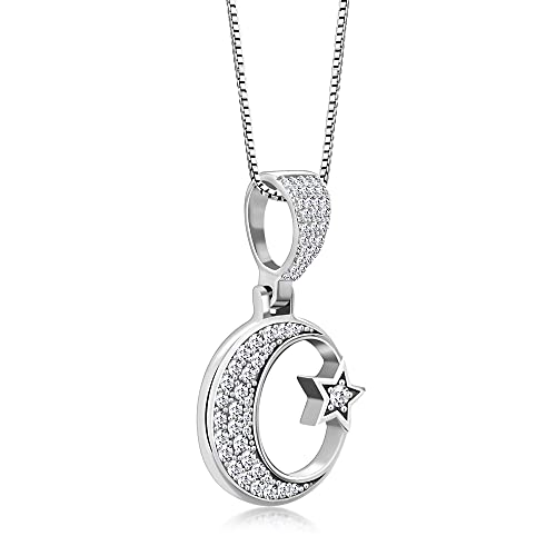 My Daily Styles 925 Sterling Silver CZ Islamic Muslim Pendant Necklace with Crescent Moon and Star Design