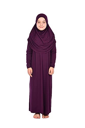 ihvan online Muslim Dress for Girls, Long Sleeve One-Piece Islamic Prayer Dress, Hijab for Kids, Girls Abaya, Islamic Gifts - color: Purple