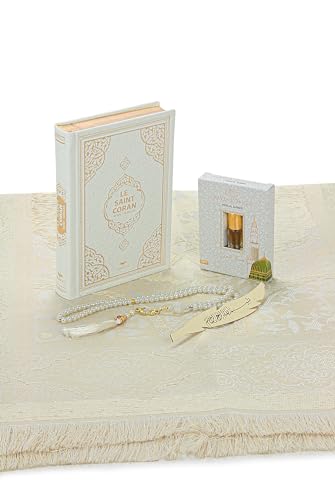 ihvan online Prayer Gift Set for Hajj and Umrah, Muslim Prayer Rug, Prayer Mat, Beads Taasbih, Holy Quran Translated French, Praying Mat, Islamic Gift Set for Ramadan & Eid, White - color: French White