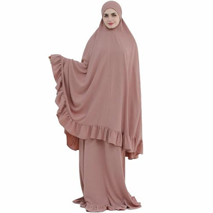 2PCS Women Muslim Prayer Abaya Dress Ruffle Trim Side Pockets with Khimar - color: Pink, size: Large