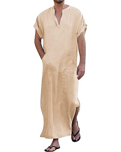 YAOHUOLE Men's Short Sleeve Kaftan Thobe Side Split Caftan with Pockets Long Gown Thobe - color: Khaki, size: XX-Large