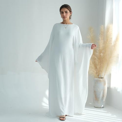 Abaya Dress for Women Soft Crepe Like Linen Khimar Butterfly Batwing Dubai Islam Muslim Kaftan Modest Prayer Dress - color: White, size: Medium