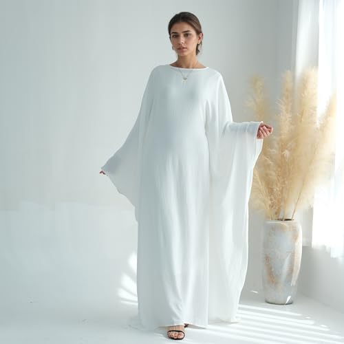Abaya Dress for Women Soft Crepe Like Linen Khimar Butterfly Batwing Dubai Islam Muslim Kaftan Modest Prayer Dress - color: White, size: Large