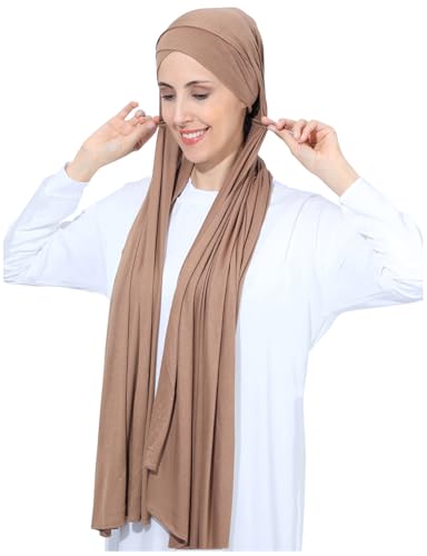 Instant Jersey Cotton Hijab Scarf for Women, Non-See Through Tieback Muslim Head Scarf - color: Dark Brown