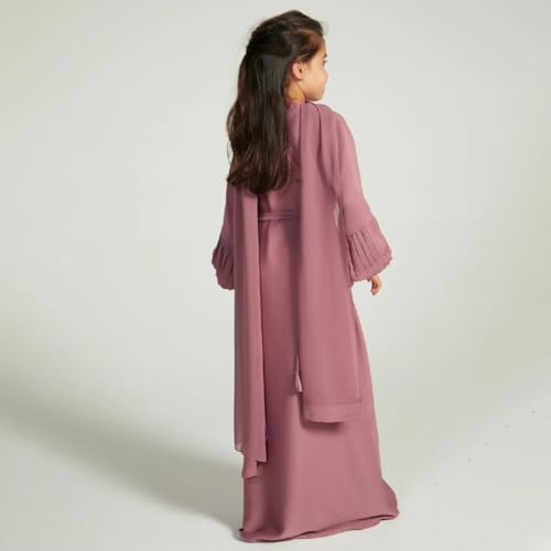 Kids Girls Muslim Abaya Long Sleeve Snap Front Maxi Dress with Belt Robe Kimono Dubai Hijab Dress - color: Dark Pink B, size: 4-5 Years