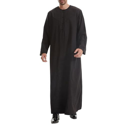 IKADEX Muslim Thobe for Men Islam Kaftan Long Sleeve Button Down Casual Henley Prayer Robe Clothing Dubai Arabic with Pockets - color: B-black, size: Small